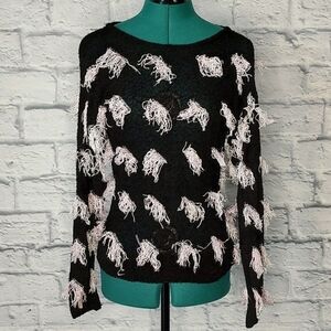 Vintage Joann Bryant women's black lilac fringe pullover knit sweater Sz S